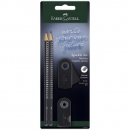 Faber-Castell: GRIP Sparkle set de 4 creioane grafit negre cu radieră și ascuțitoare