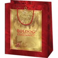 Sac de cadou exclusiv, de dimensiuni medii, cu inscripția "Boldog Karácsonyt", în culori aurii și roșii, 18x10x23cm.