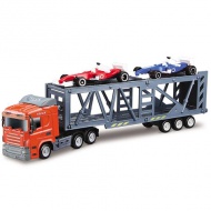 Transport mașină camion cu două mașinuțe de concurs 1/64 - Mondo Motors