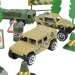 Super Army: Set de jocuri militare cu vehicule metalice și avion cu roți volante în două variante.